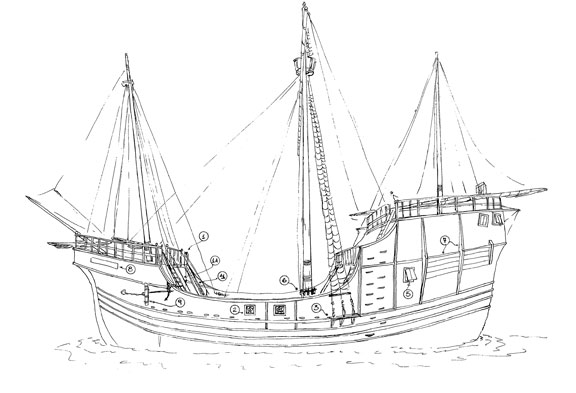 Desenho da embarcação cenográfica utilizada no filme Desmundo. Dir. de arte Adrian Cooper