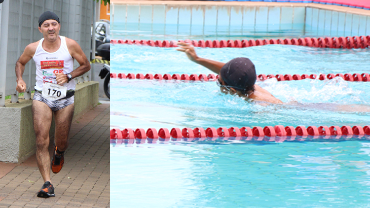 Dois momentos do Marcos na prova de Aquathlon: na corrida e na natação. Foto Thiago Ciriero.