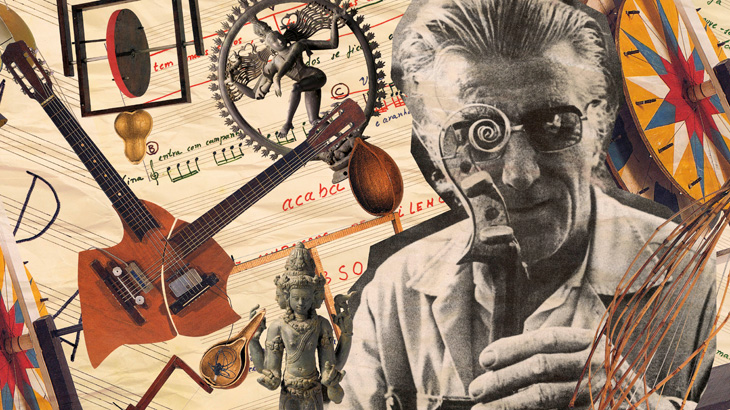 Walter Smetak com alguns de seus instrumentos e influências<br>Colagem: Marina Burity