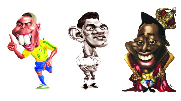Algumas das caricaturas de Dodô Vieira. Na imagem, Ronaldo Fenômeno, Garrincha e Pelé.