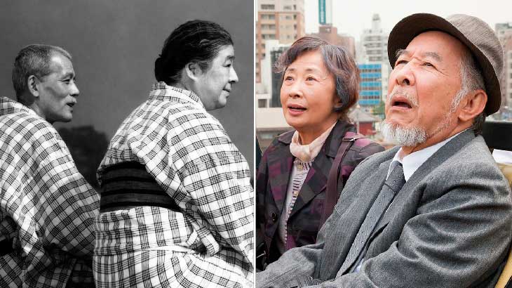 O casal Tomi e Shukishi na trama de Ozu, em 1953, e na versão atual por Yamada<br>Fotos: Divulgação