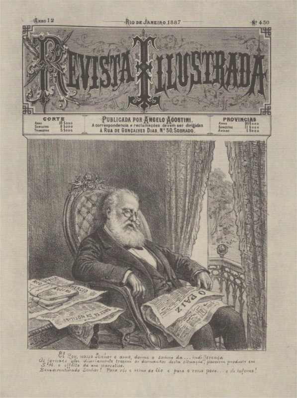 Charge do caricaturista italiano Angelo Agostini retratando D. Pedro II, datada de 1887