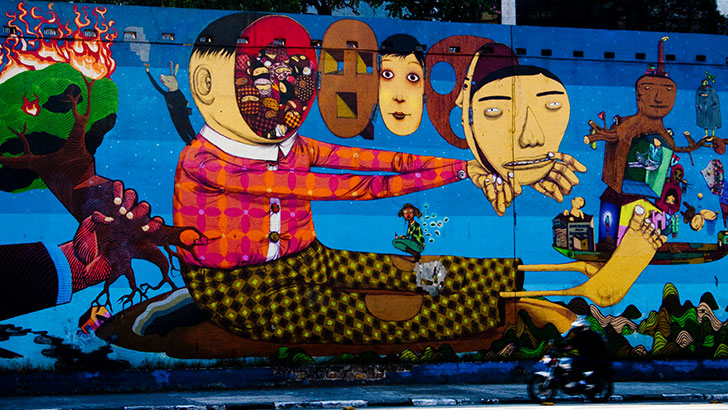 Mural de grafites no acesso à avenida 23 de Maio. Foto: Andre Deak (Arte Fora do Museu)