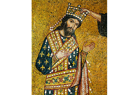 Detalhes de um mosaico com Rogério II recebendo de Cristo a coroa, La Martorana, Palermo, século X
